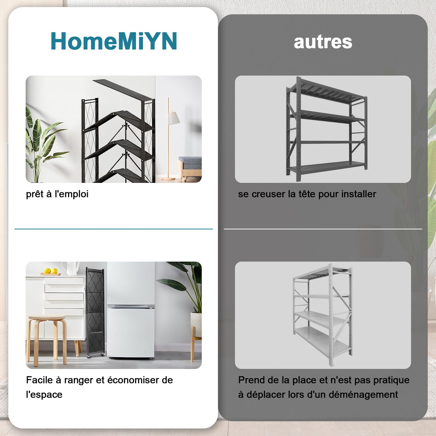 HomeMiYN Étagère de Rangement Pliable 3 à  4 Niveaux，Étagère de rangement multifonctionnel,Étagère à roulettes,71*34*159cm,Noir