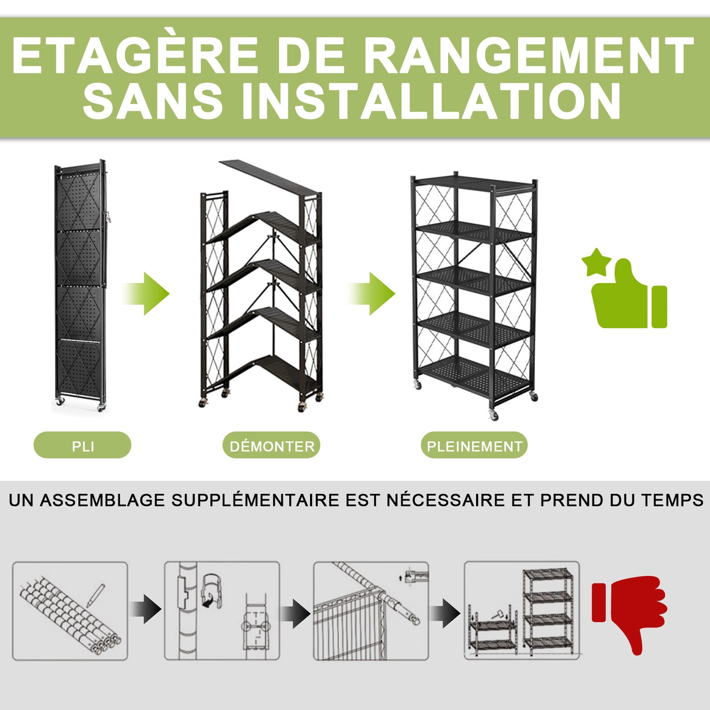Étagère Pliable 5 Niveaux HomeMiYN - Rangement Mobile avec Roulettes 360° - 71x34x159 cm - Noir (Capacité 250kg)