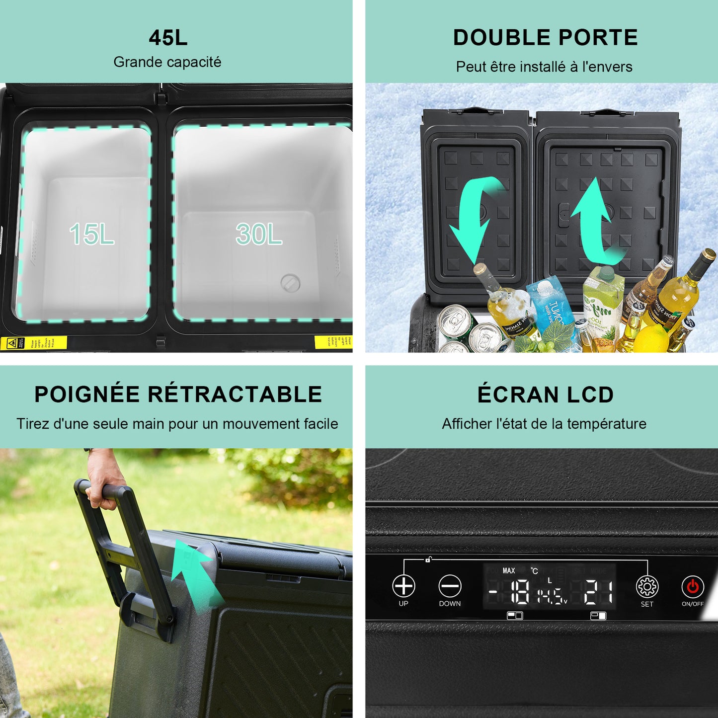 Réfrigérateur de voiture HOMEMiYN 12 V, réfrigérateur de voiture à double zone de 45 litres, congélateur portable (-8 ℉ ~ 68 ℉) avec 12/24 V DC 100/240 V AC, glacière électrique à contrôle APP pour voiture, camping-car, camping, voyage et usage domestique