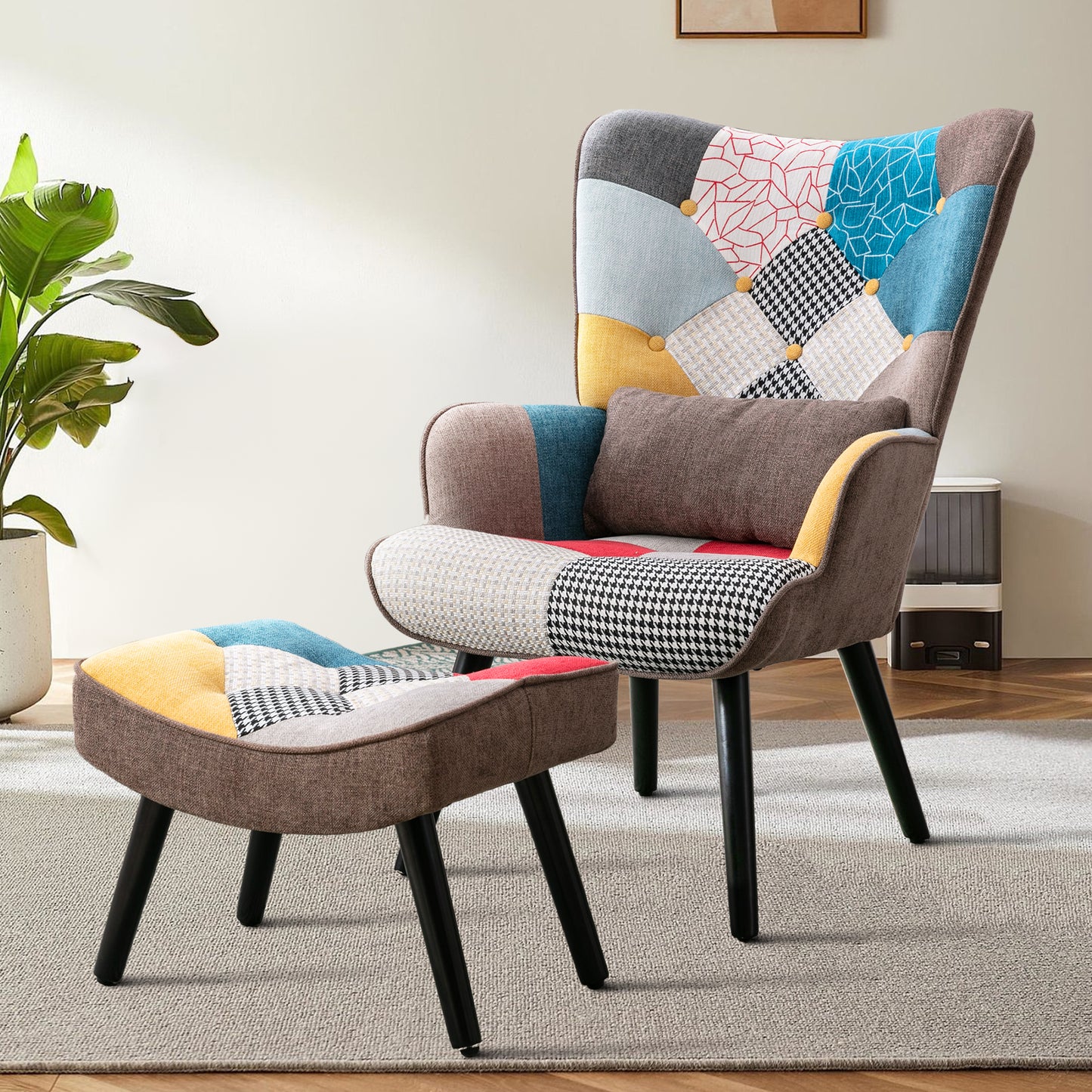 Fauteuil à oreilles fauteuil de relaxation avec tabouret fauteuil patchwork fauteuil à oreilles fauteuil salon