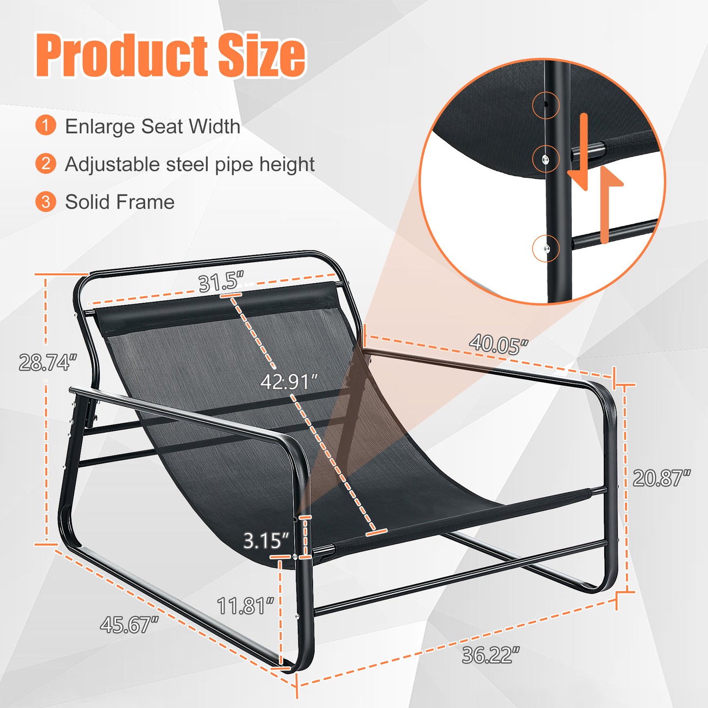 Reclining Patio Lounge Chair - 2-Person Steel Outdoor Loveseat with Reversible Cushion (Orange/Beige) - Garden, Balcony, Terrace Furniture