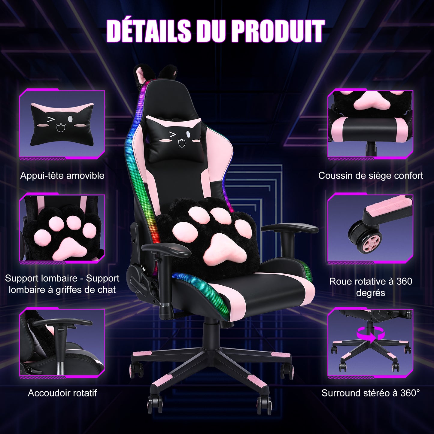 Chaise de jeu avec haut-parleurs, vidéo et lumière RGB, chaise ergonomique de course, fauteuil inclinable en cuir PU, chaise d'ordinateur pivotante pour e-sport avec appui-tête, accoudoirs, support lombaire (repose-pieds, LED, haut-parleurs, rose)