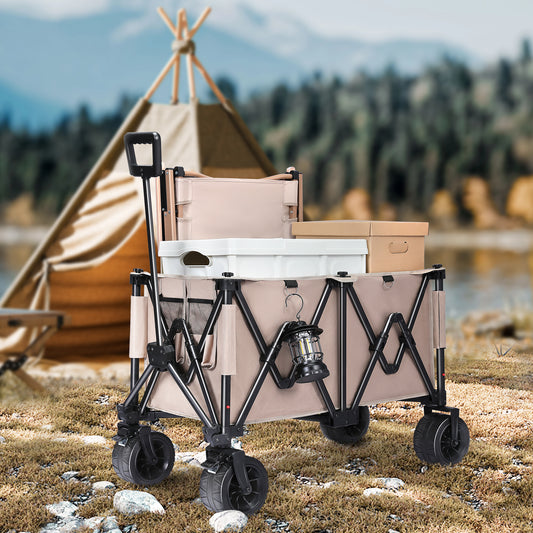 Carro de transporte plegable con frenos, carro de jardín de 150 kg con neumáticos desmontables, vehículo todoterreno, carro de camping, marrón claro