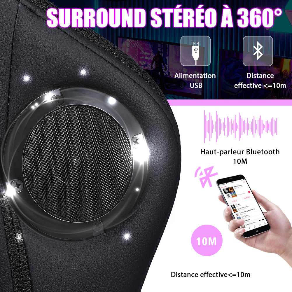 Chaise de jeu avec haut-parleurs, vidéo et lumière RGB, chaise ergonomique de course, fauteuil inclinable en cuir PU, chaise d'ordinateur pivotante pour e-sport avec appui-tête, accoudoirs, support lombaire (repose-pieds, LED, haut-parleurs, rose)
