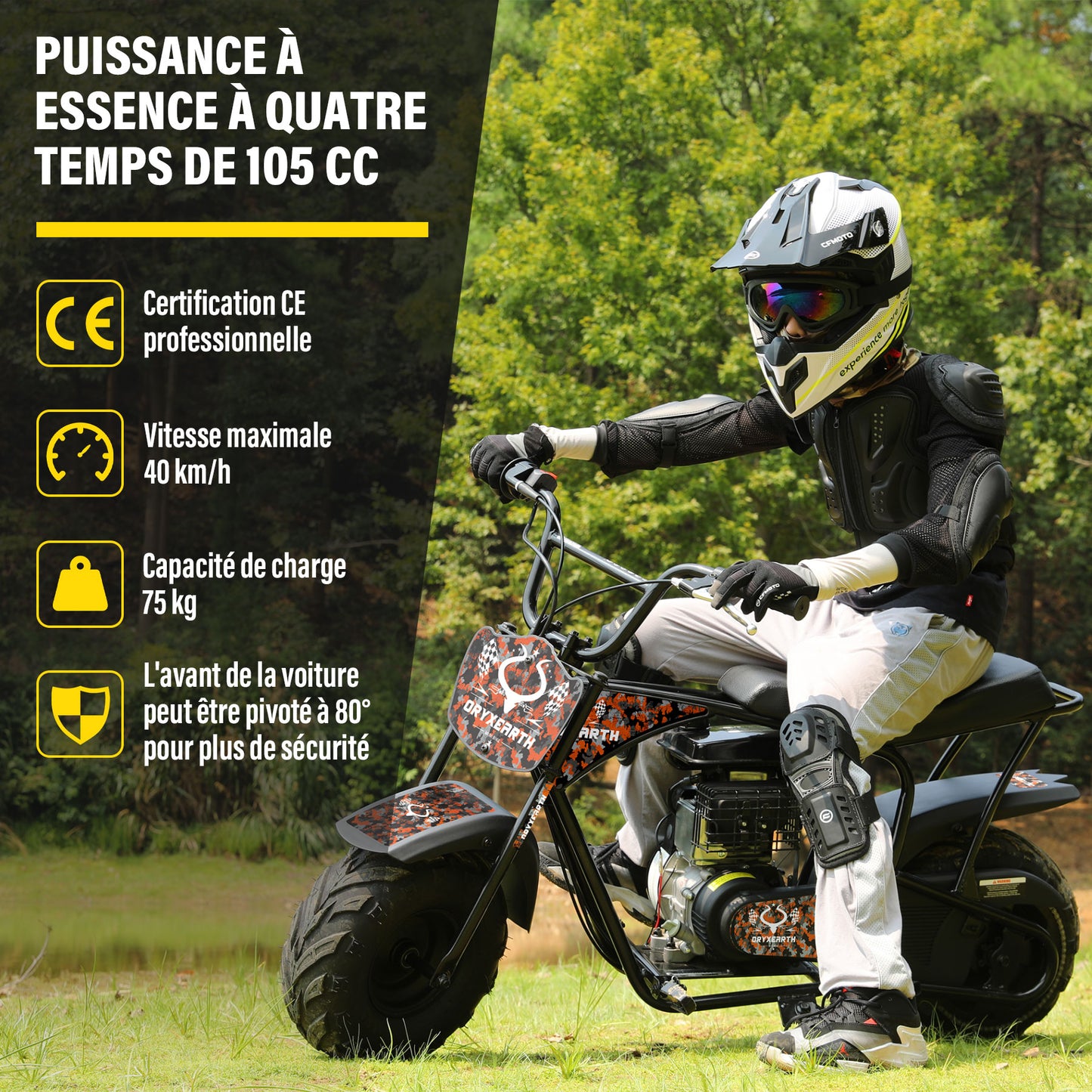 Bicicleta de terra para criança 105CC, 4 tempos, movida a gasolina, mini bicicleta todo-o-terreno para maiores de 13 anos (Laranja)
