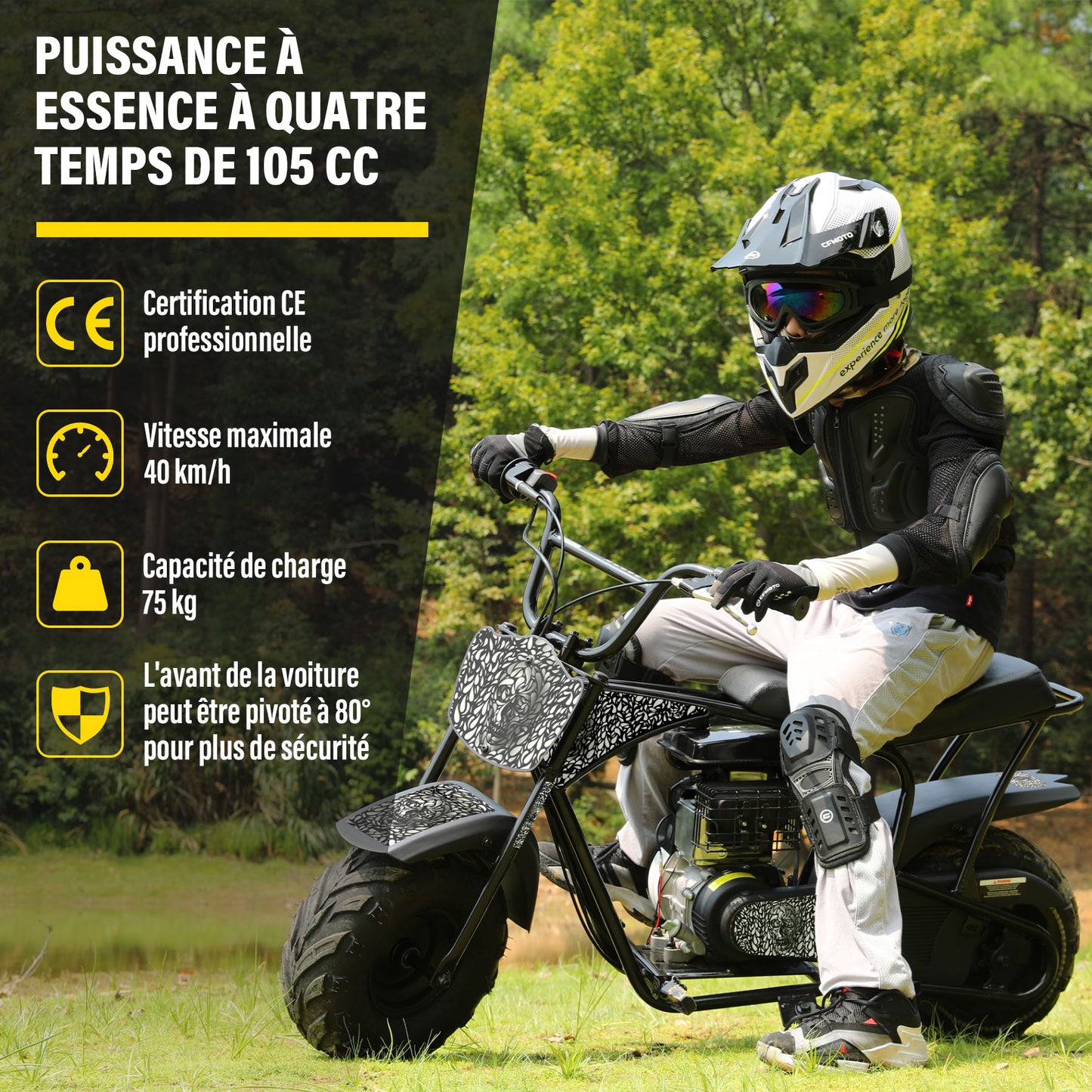 Bicicleta de terra para criança 105CC, 4 tempos, movida a gasolina, mini bicicleta todo-o-terreno para maiores de 13 anos (Preto)