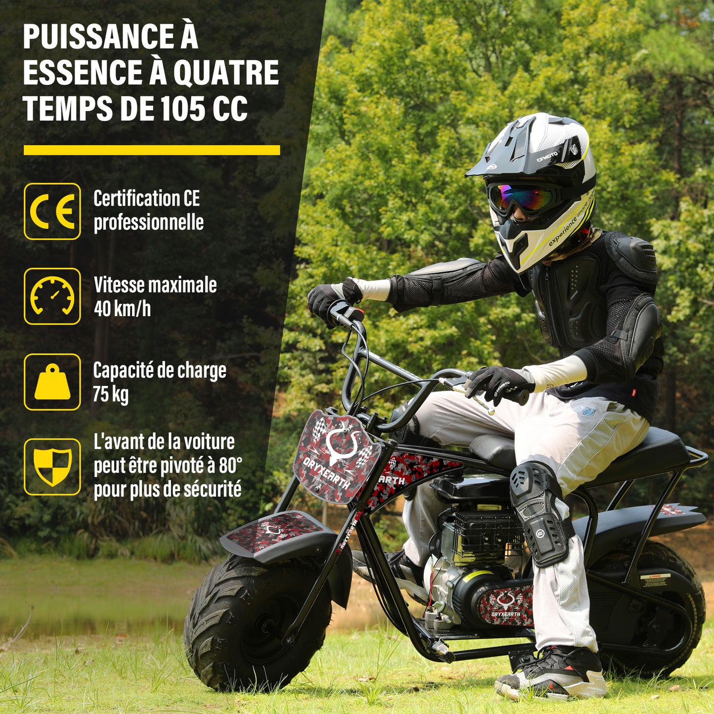 Bicicleta de terra para criança 105CC, 4 tempos, movida a gasolina, mini bicicleta todo-o-terreno para maiores de 13 anos (Amarelo)