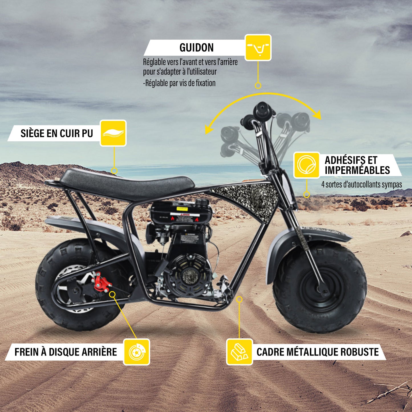 Bicicleta de terra para criança 105CC, 4 tempos, movida a gasolina, mini bicicleta todo-o-terreno para maiores de 13 anos (Preto)