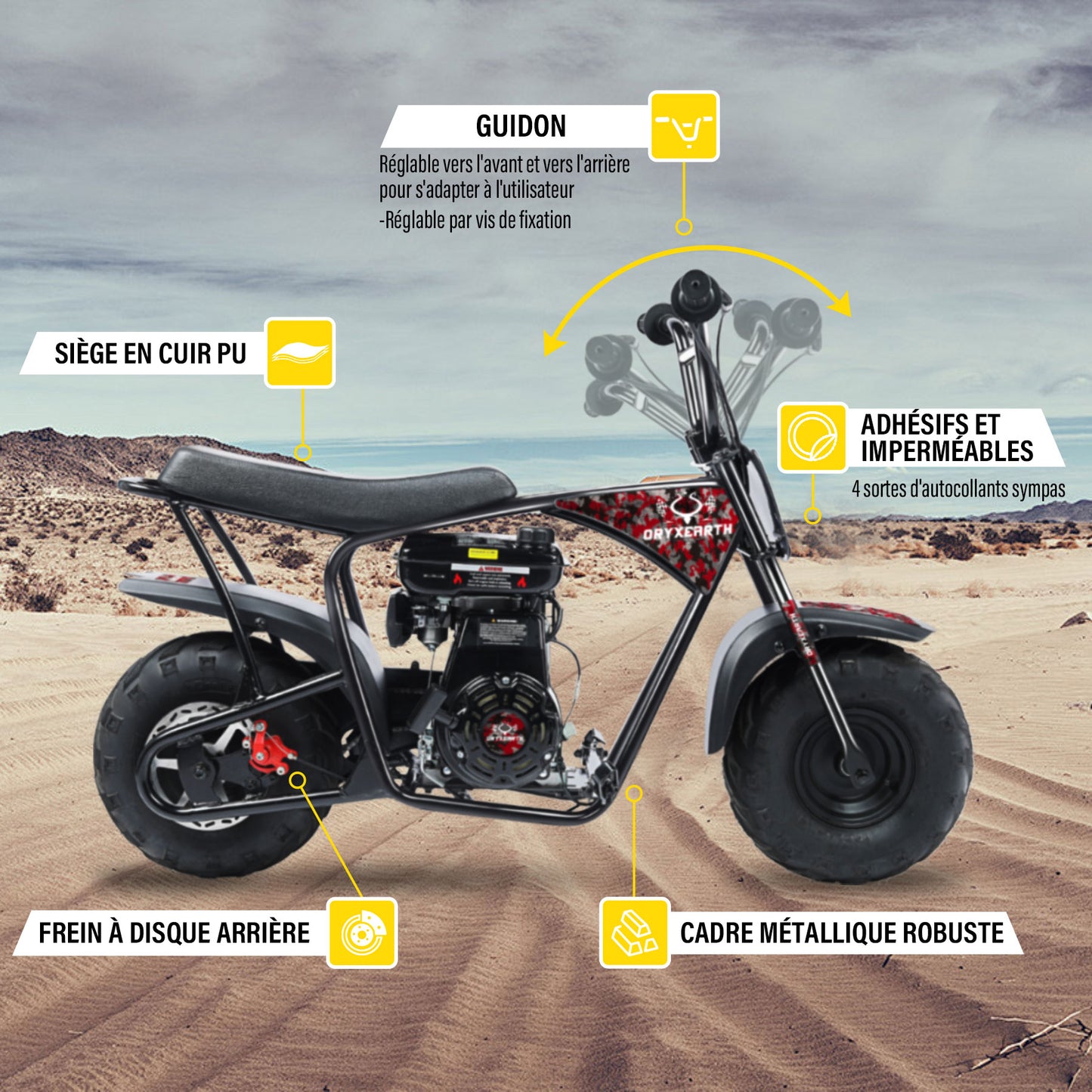 Bicicleta de terra para criança 105CC, 4 tempos, movida a gasolina, mini bicicleta todo-o-terreno para maiores de 13 anos (Amarelo)