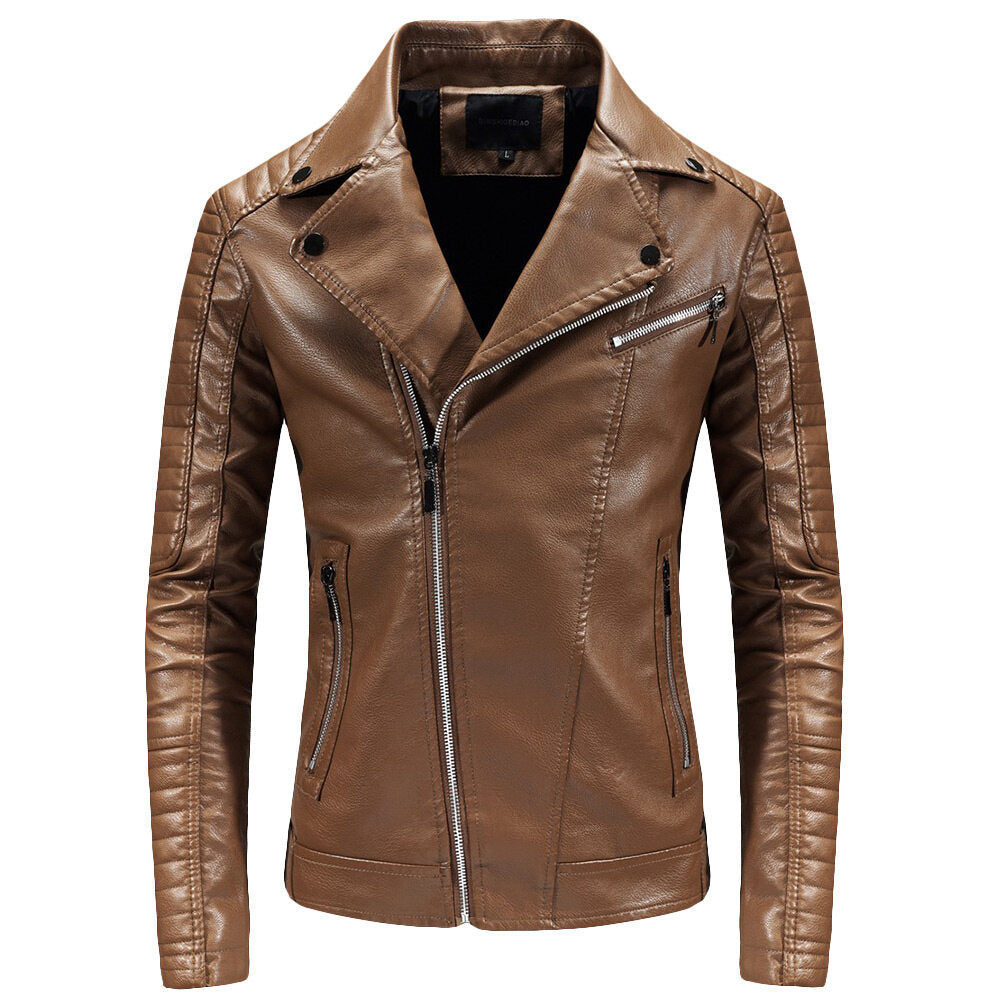 YOUTHUP Mens Slim Fit Leather Jacket with Large Lapel and Diagonal Zip