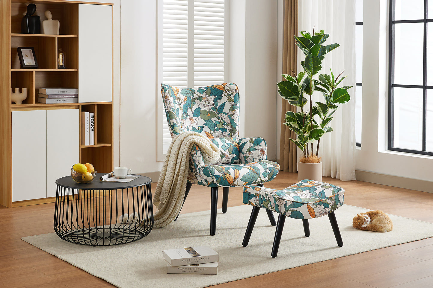 Fauteuil HomeMiYN avec Coussin et Tabouret - Chaise d'Angle Rustique pour le Salon