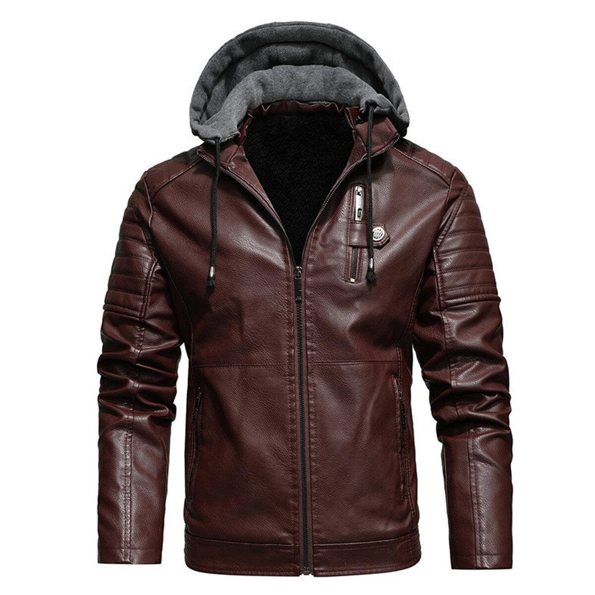 YFFUSHI Mens Motorcycle Style Hooded Leather Jacket Casual Slim Stand Collar Solid Color Leather Coat