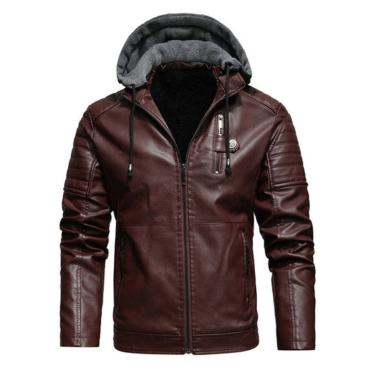 YFFUSHI Mens Motorcycle Style Hooded Leather Jacket Casual Slim Stand Collar Solid Color Leather Coat