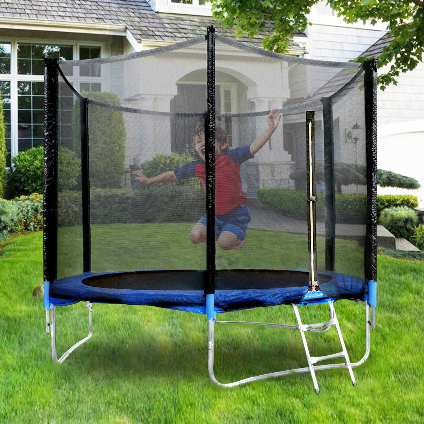 Gartentrampolin für Kinder und Erwachsene Outdoor-Spielzeug 183 cm Schwarz und Blau mit Sicherheitsnetz Schutzhülle