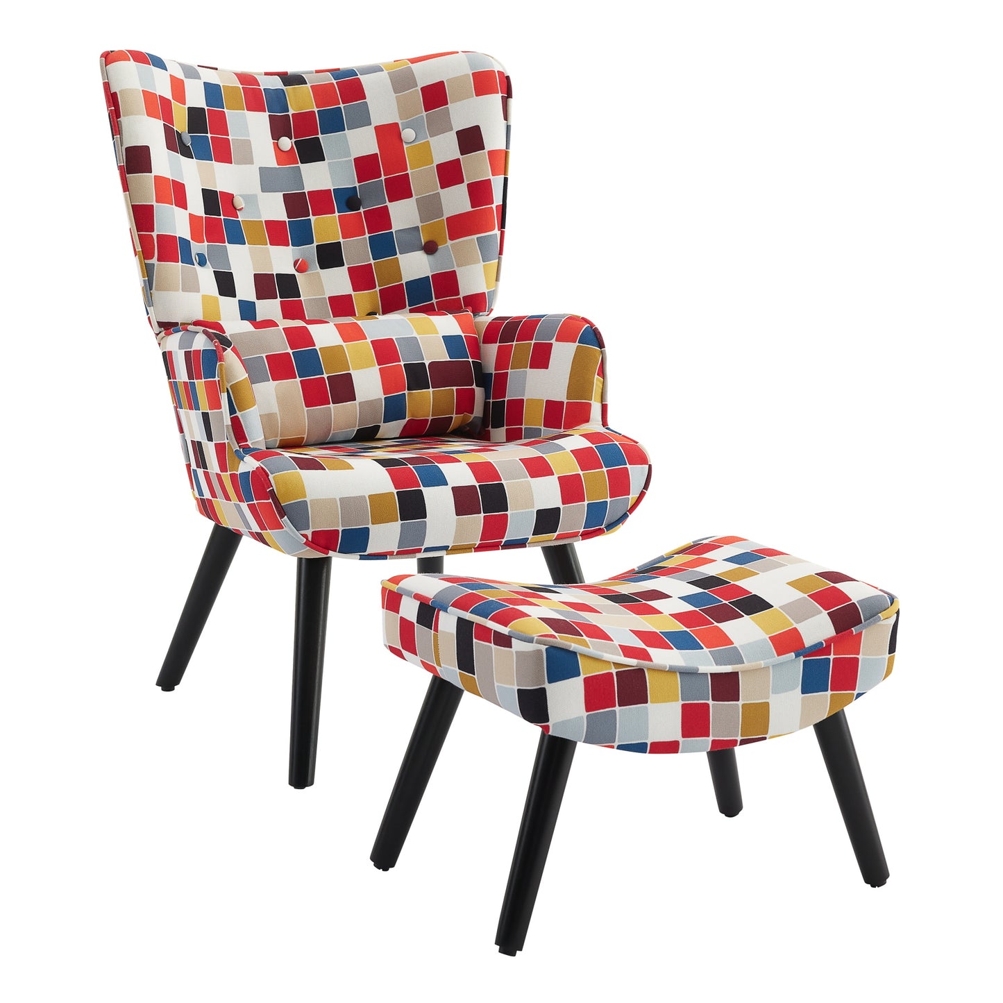 Poltrona HOMEMIYN com Almofada e Banco（76x65x94 cm - Tecido de Linho Falso com Padrão Mosaico - Colorida）