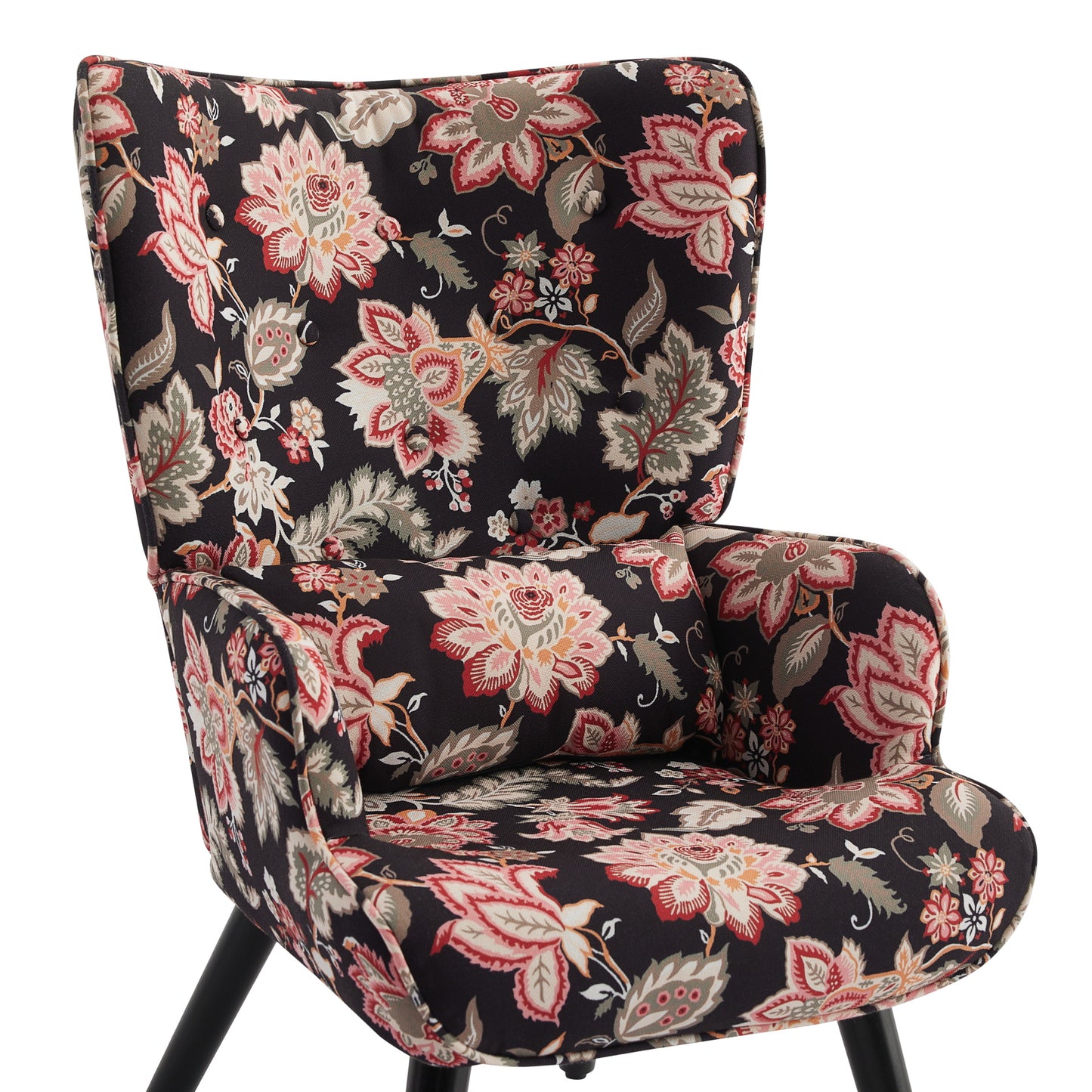 Poltrona HOMEMIYNcom Almofada e Banco ( 76x65x94 cm - Linho Falso Pretocom Flores Vermelho）