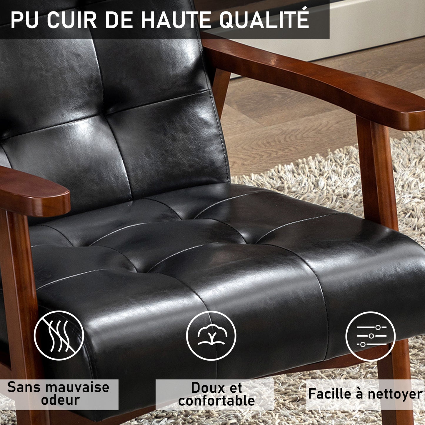 Fauteuil Médiéval Chaise Vintage en Similicuir Tufté avec Accoudoirs en Bois, Style Vintage, Tapissé en Bois Dur, Noir