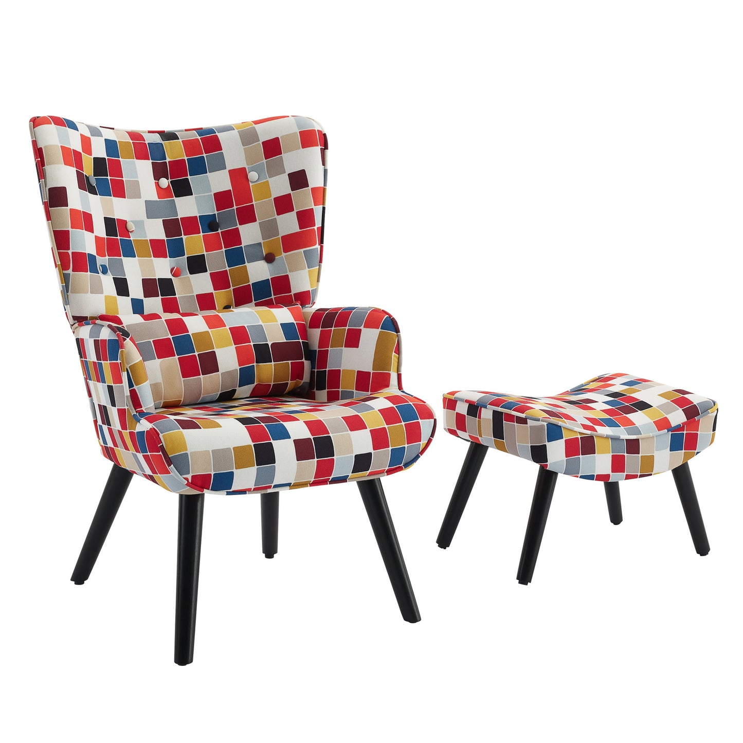 Poltrona HOMEMIYN com Almofada e Banco（76x65x94 cm - Tecido de Linho Falso com Padrão Mosaico - Colorida）