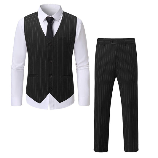 YFFUSHI Mens Striped Slim Fit Solid Color Single Breasted Suit Vest and Trousers