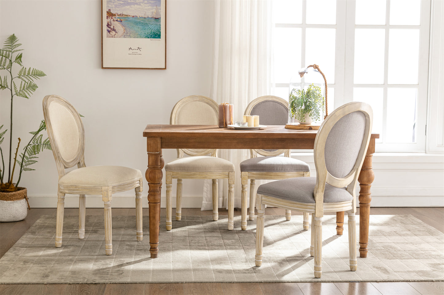 Vintage Style Dining Chairs, Set of 2 – Padded Fabric Upholstery with Round Back & Rubberwood Legs – Beige