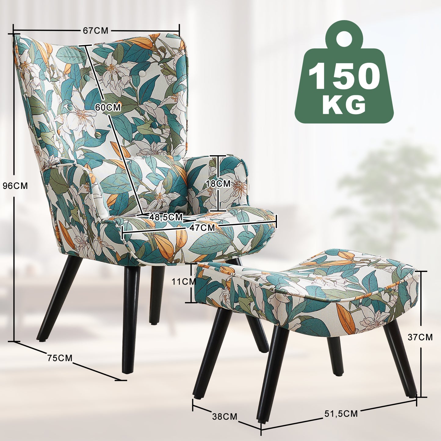Poltrona HOMEMIYNcom Almofada e Banco ( 76x65x94 cm - Linho Falso com Estampa de Lírios- Verde/Branco）