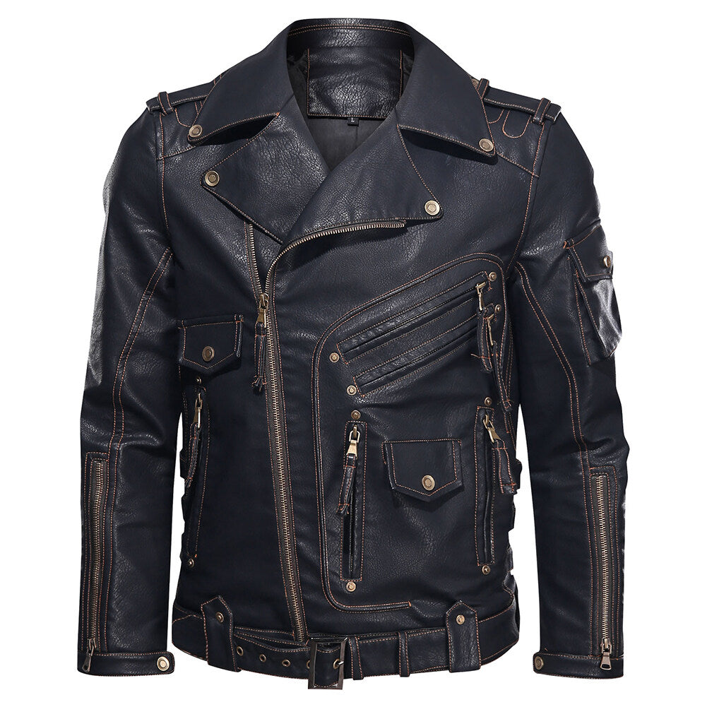 YFFUSHI Mens Biker Punk Zipped Heavy Leather Jacket