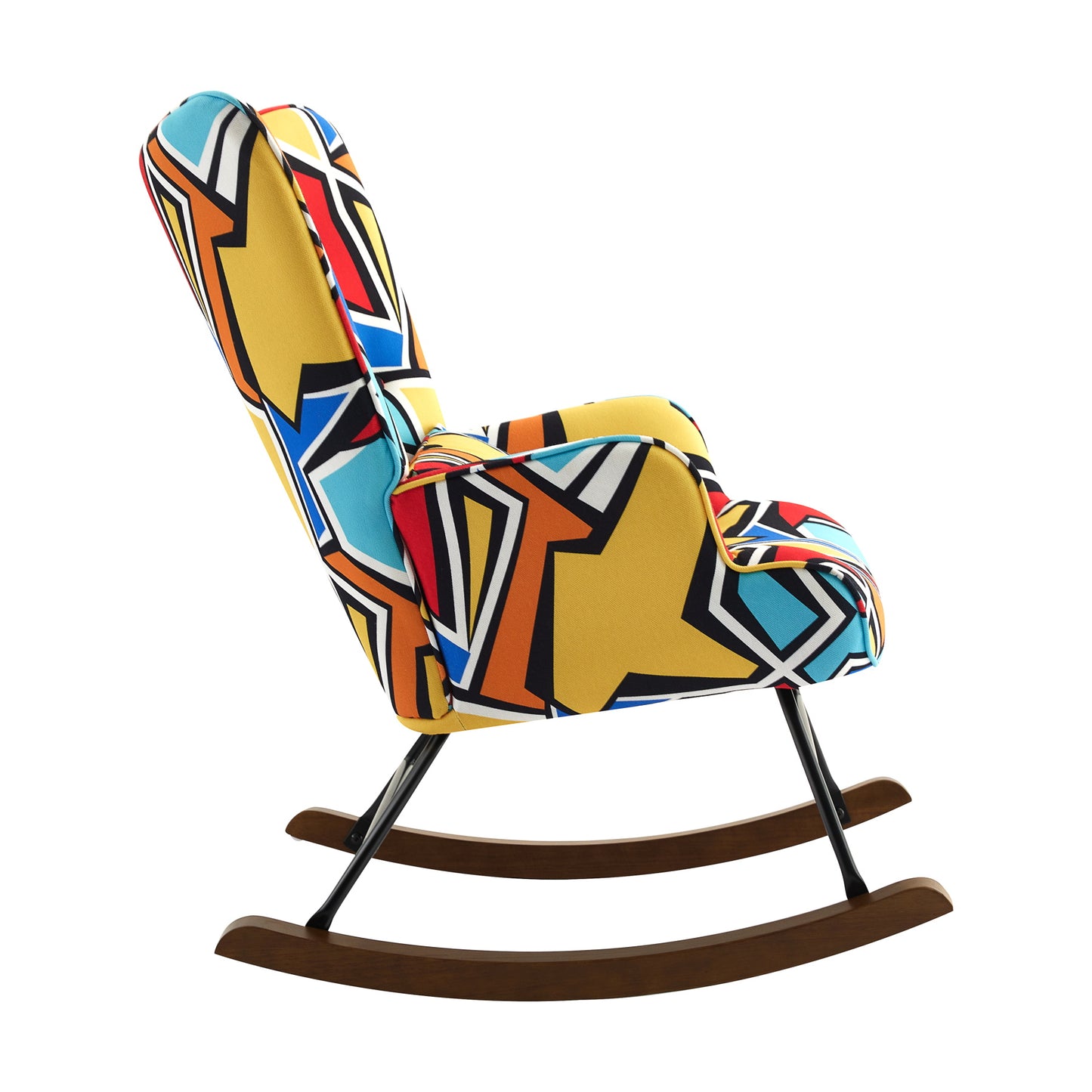 Fauteuil à bascule en velours avec base métallique et détails en bois pour un oasis de chambre paisible