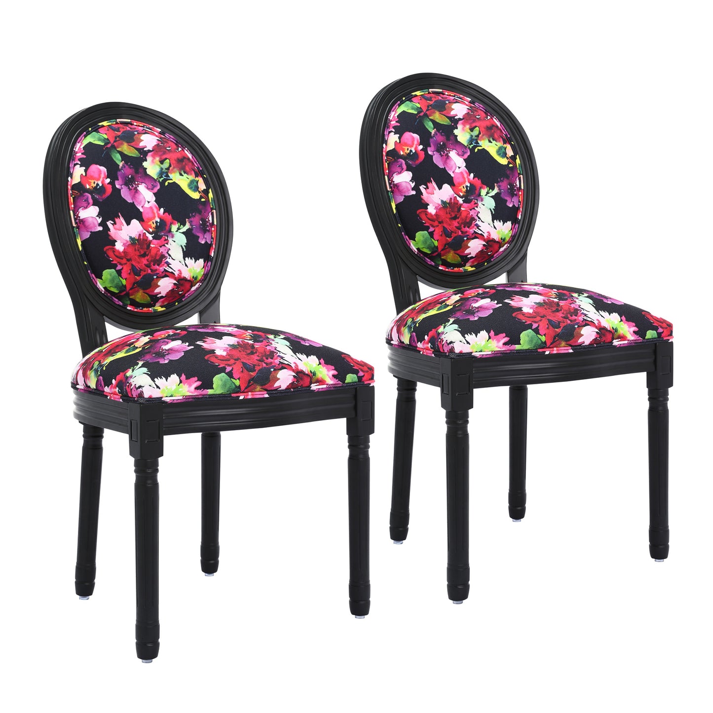 2 eetkamerstoelen: zwart frame, fel bloemenpatroon op zwarte achtergrond - 56x50x94,5 cm - Hedendaags Chinees design