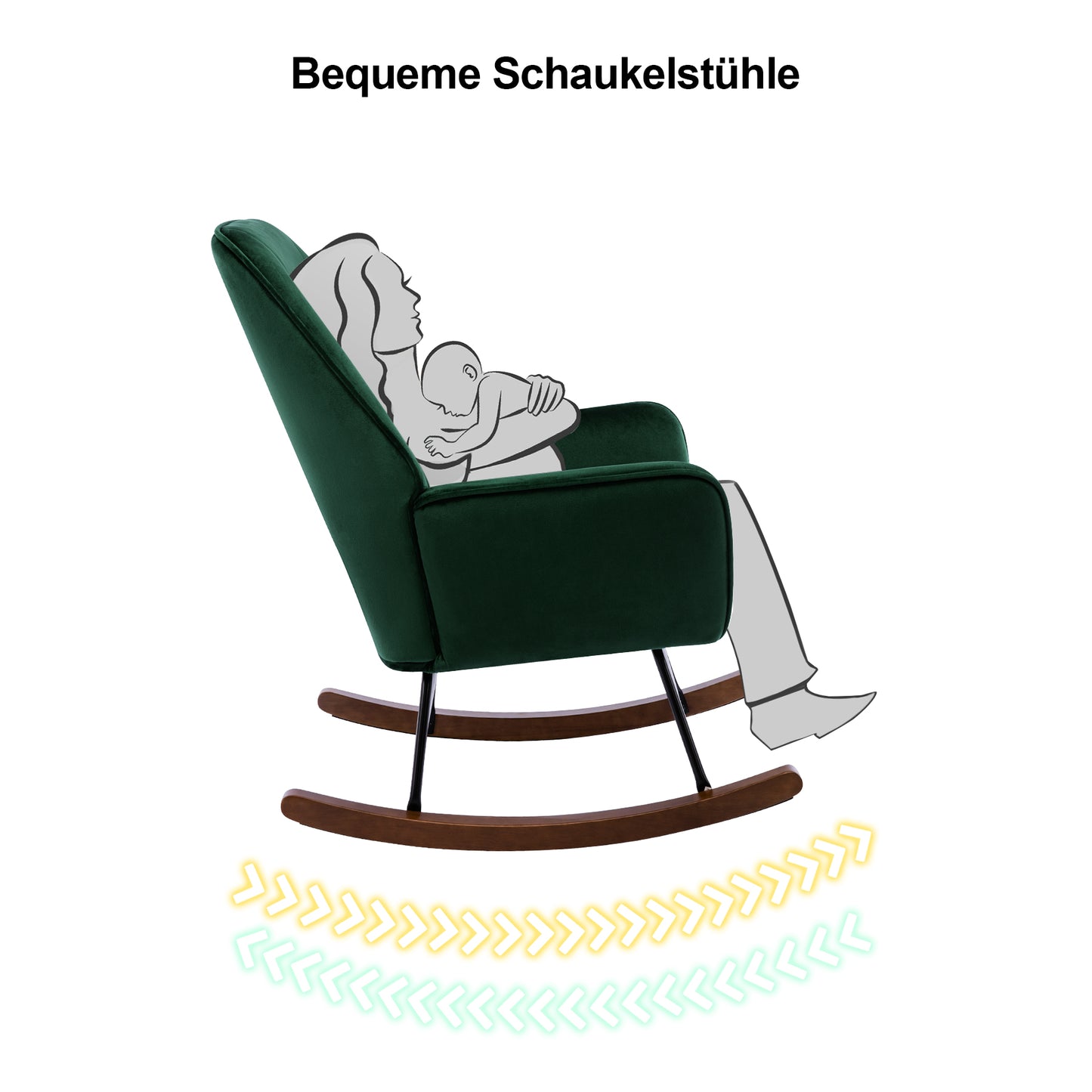 Fauteuil à Bascule en Velours Vert Foncé - Confort Lombaire Ergonomique - Pour Allaitement et Salon (Bois Massif & Métal)