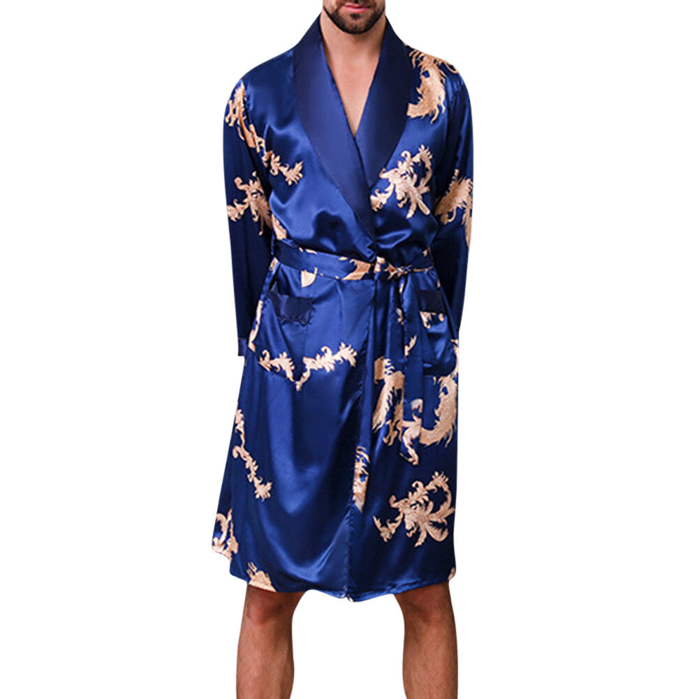 YFFUSHI Mens Dressing Gown 2 Piece Smooth Dragon Prints Belt Robe and Shorts