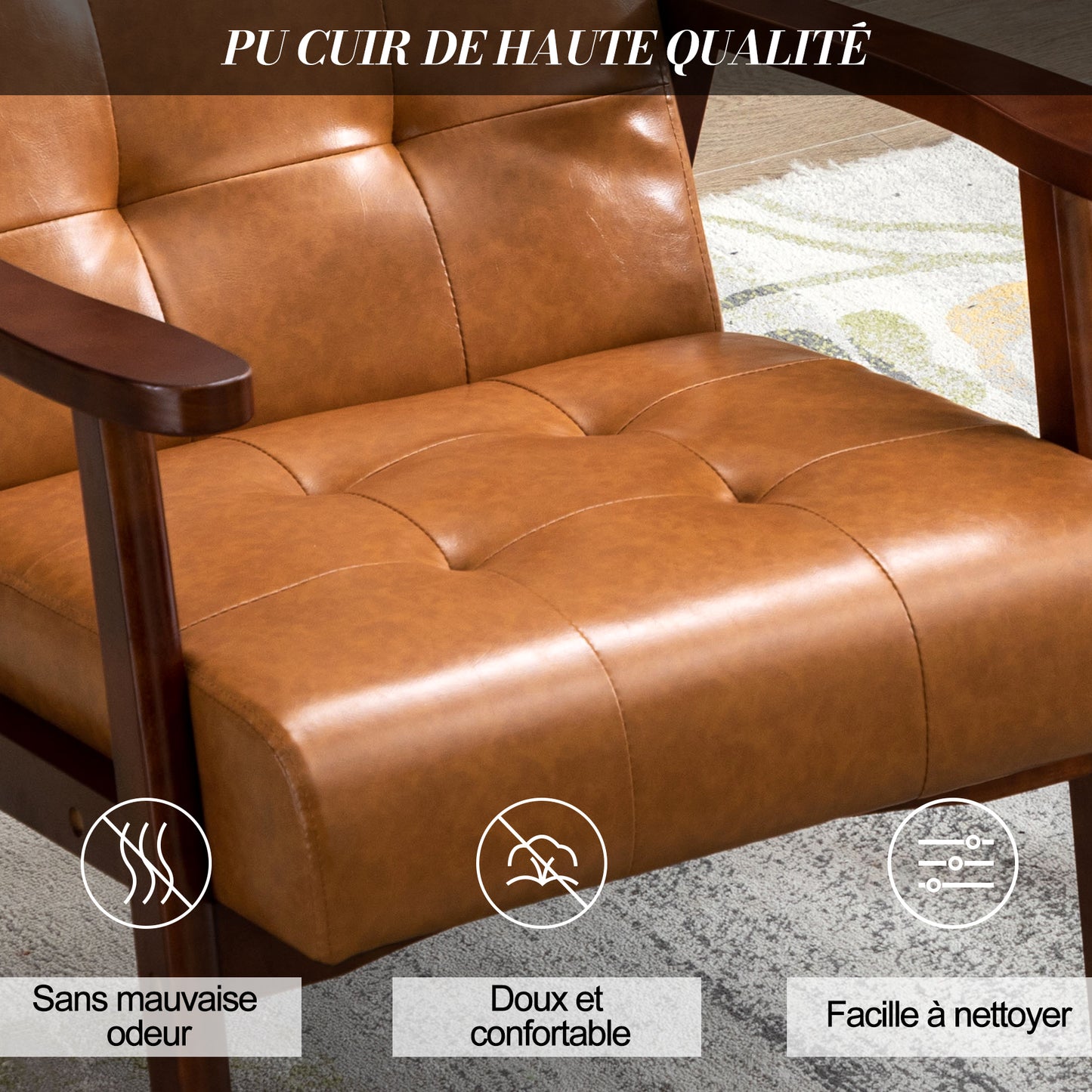 Fauteuil en bois au design scandinave et cuir Caramel-L 67 x L 76 x H 76 cm