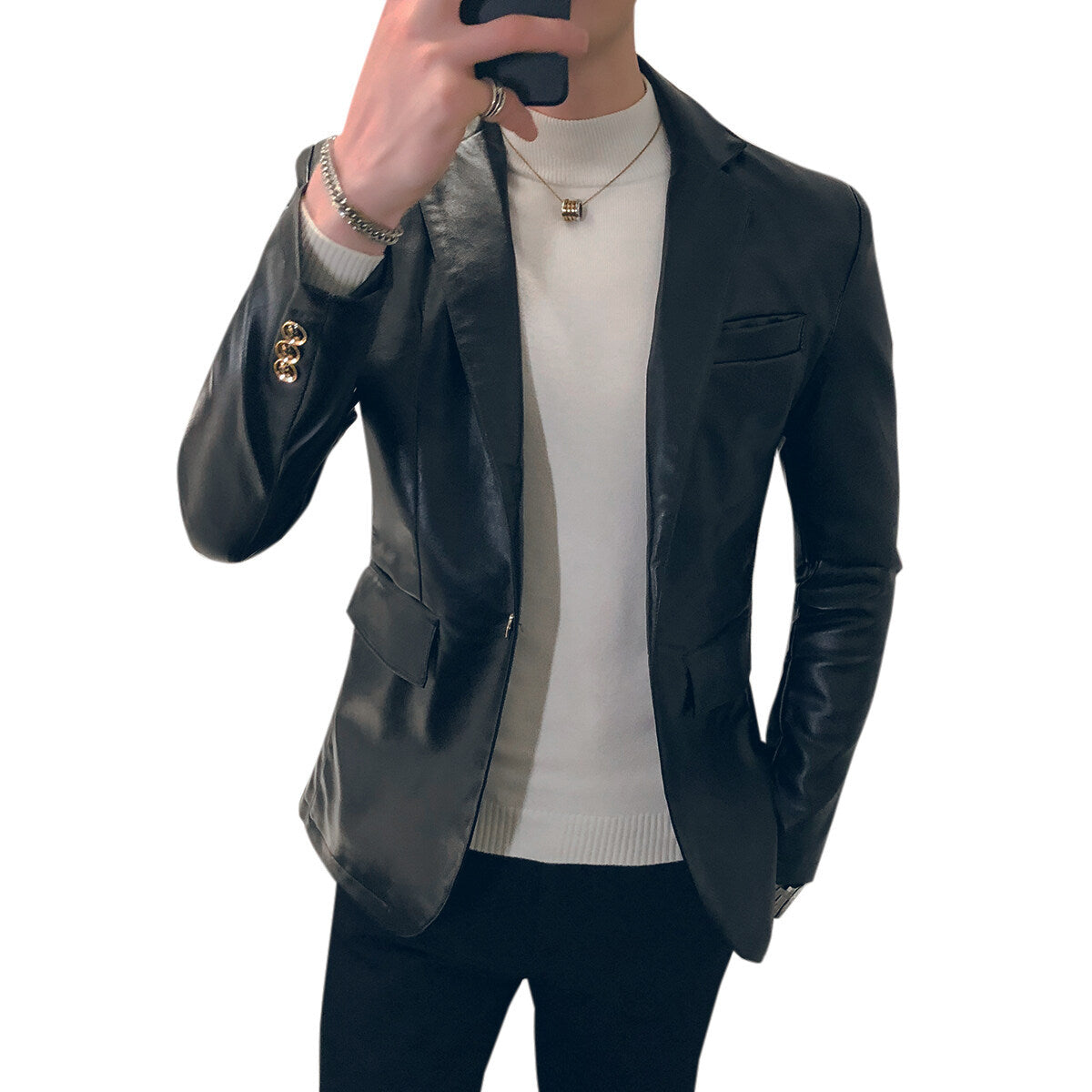 YFFUSHI Mens Slim Fit Shiny Glossy Waterproof Leather Blazer
