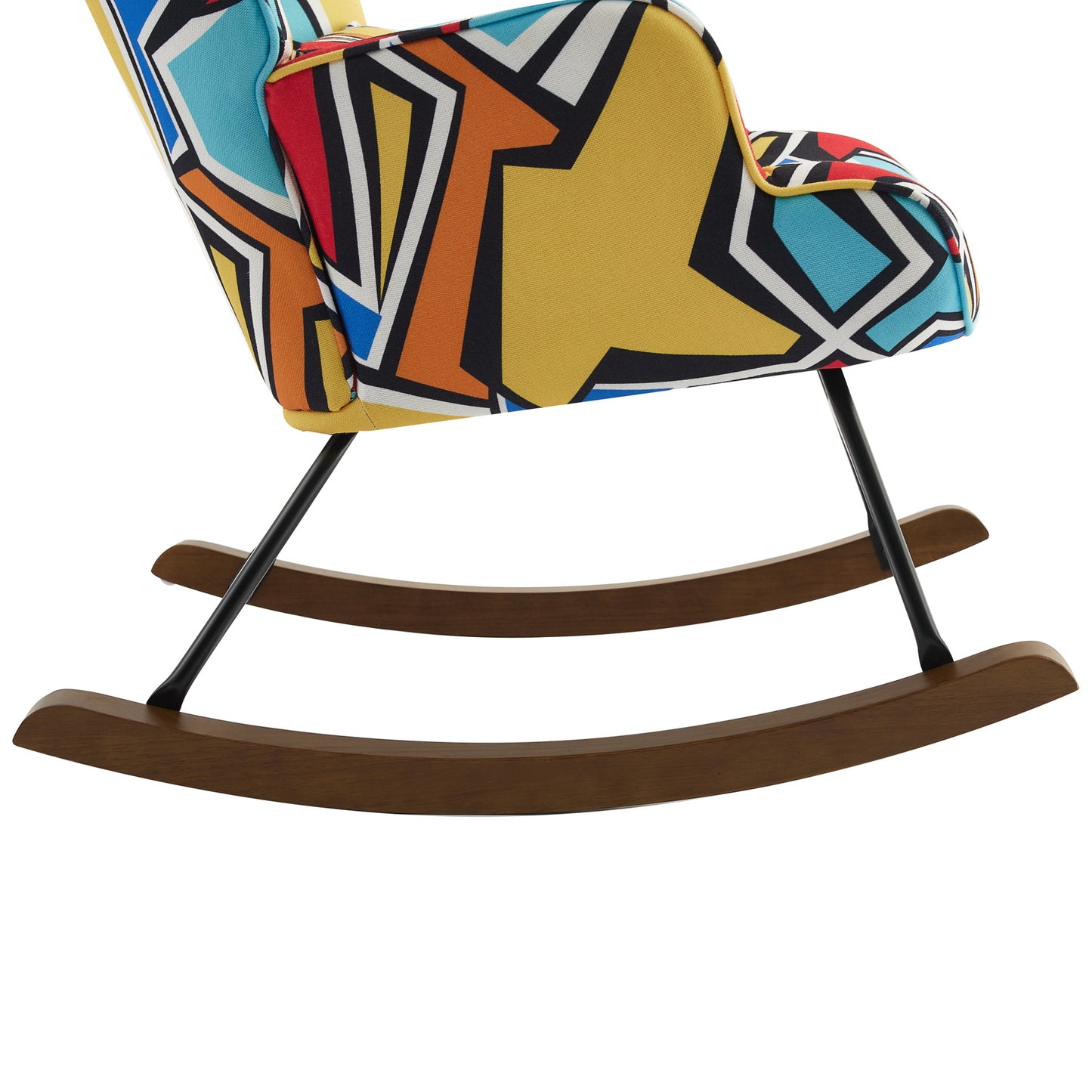 Fauteuil à bascule en velours avec base métallique et détails en bois pour un oasis de chambre paisible