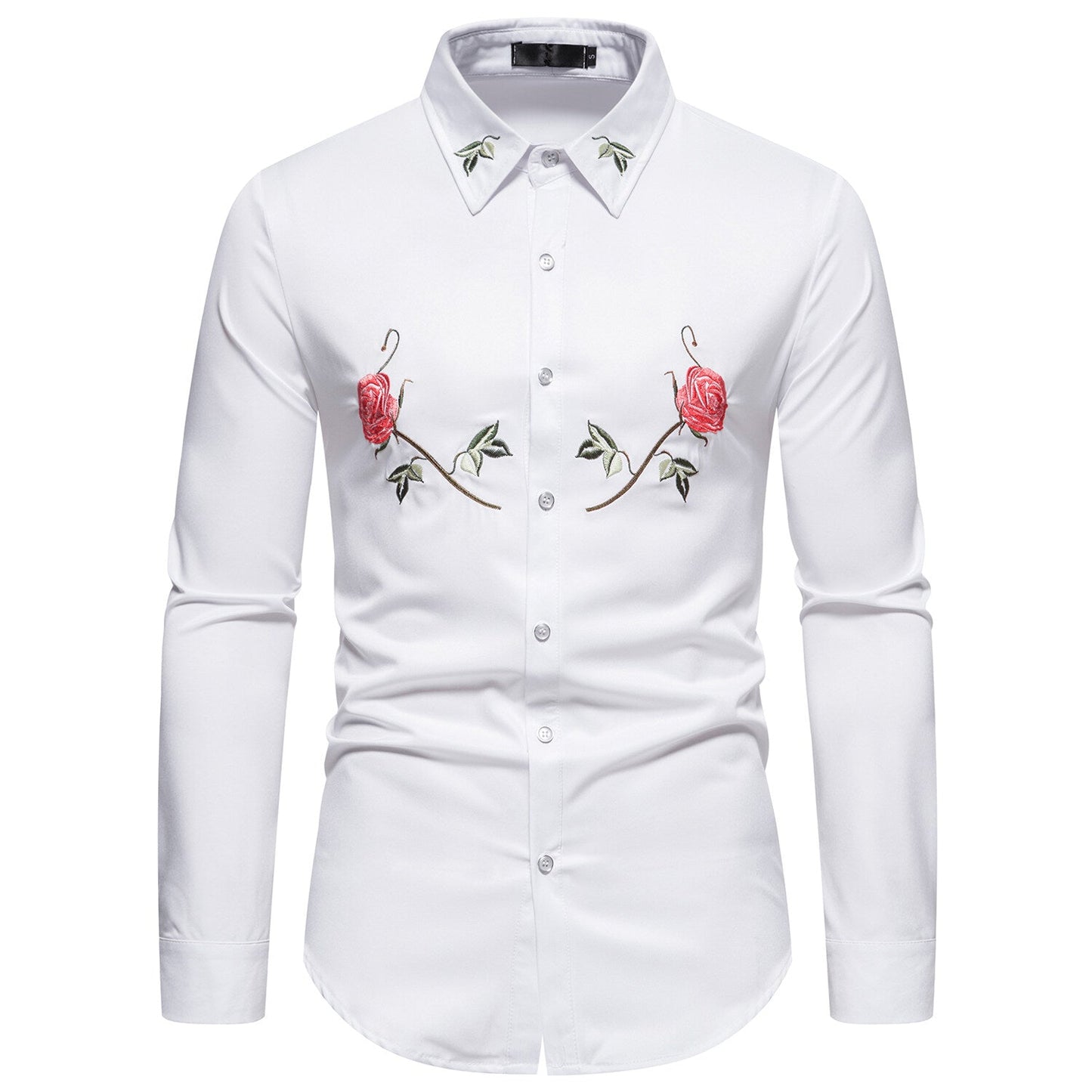 YFFUSHI Mens Embroidered Rose Shirt Casual Long Sleeve Slim Tops