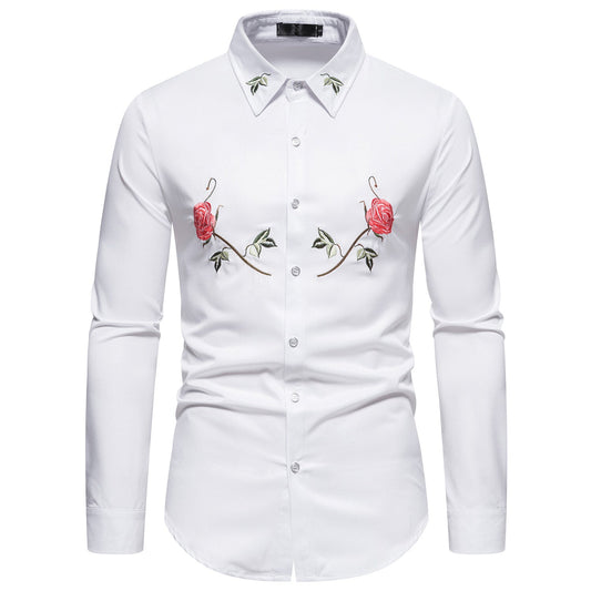 YFFUSHI Mens Embroidered Rose Shirt Casual Long Sleeve Slim Tops