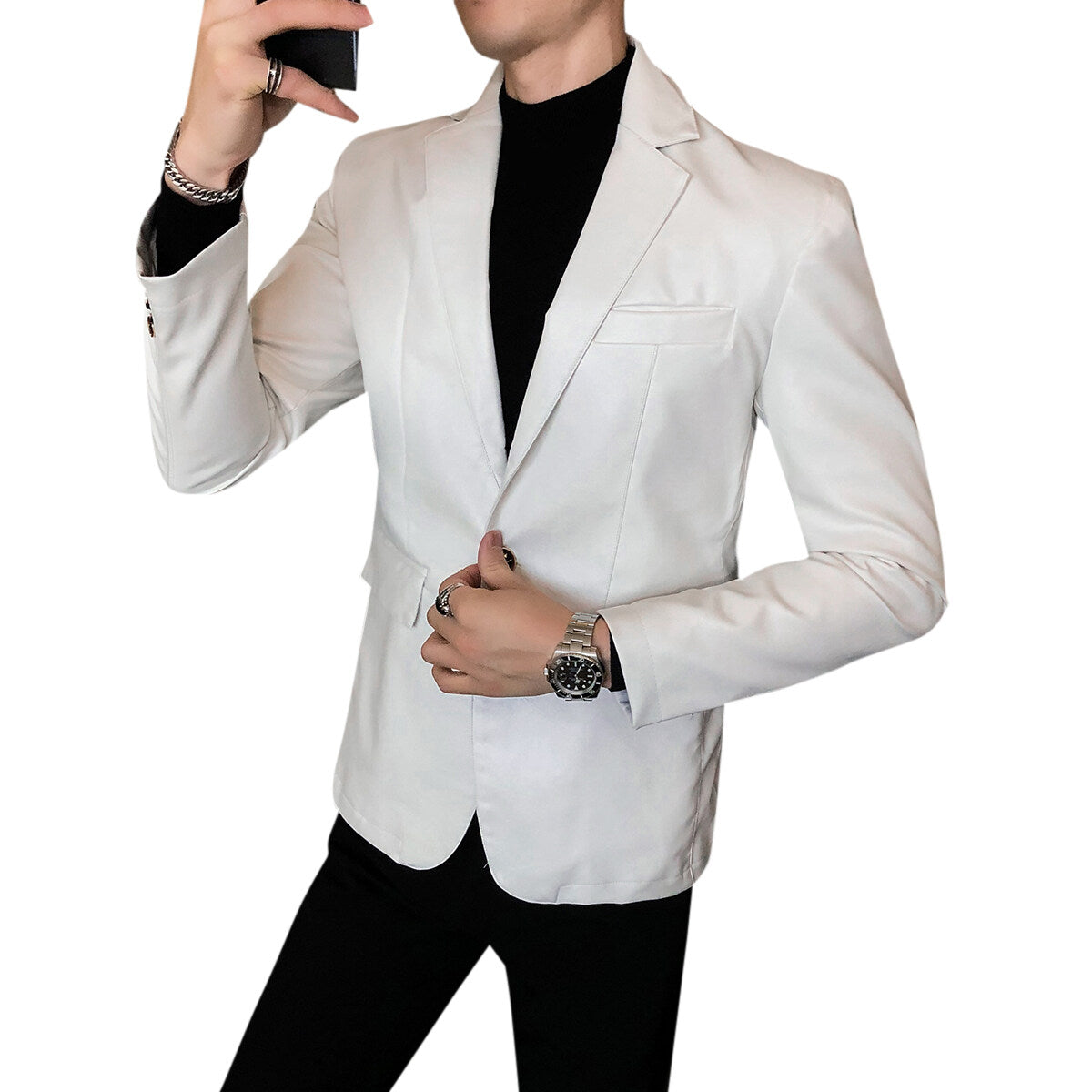 YFFUSHI Mens Slim Fit Shiny Glossy Waterproof Leather Blazer