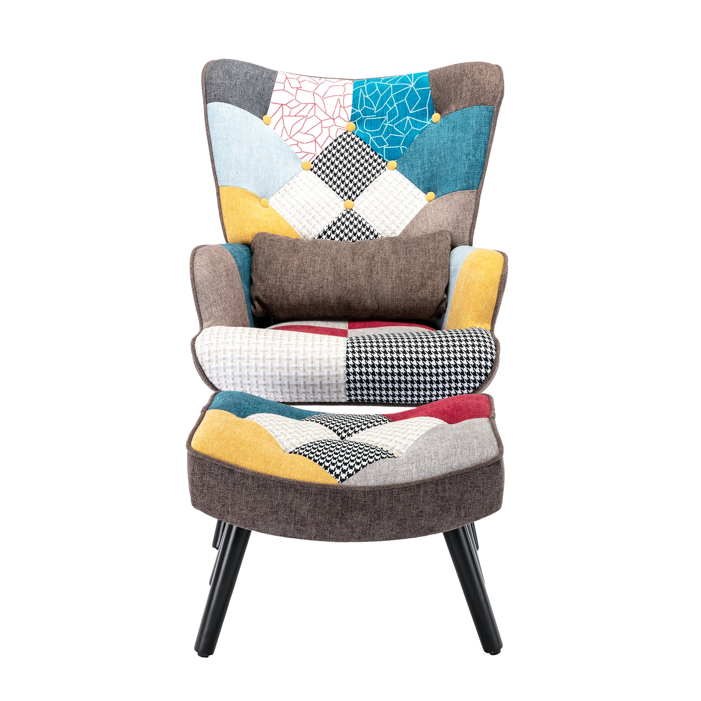 Poltrona de Relaxamento HomeMiYN Orelha com Banqueta (75x67x96cm - Tecido Patchwork Colorido)
