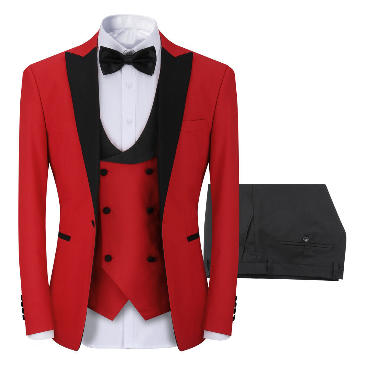 YFFUSHI Mens 3 Piece Slim Fit Peak Lapel 1 Button Suit Set with Bowtie and Corsage