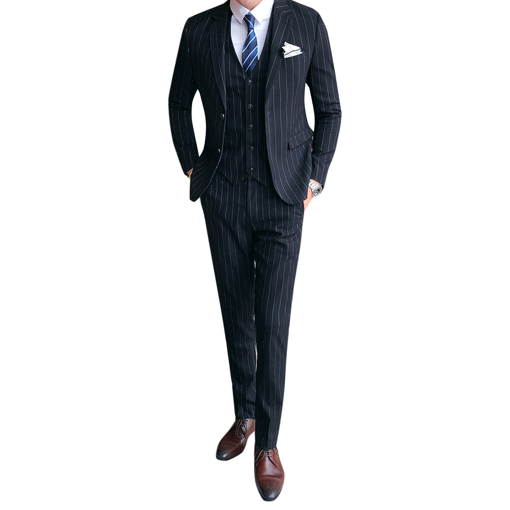 Cloudstyle Mens 3 Piece Stripe Suit Set Center Vent 2 Button Tux Blazer Jacket Vest Trousers