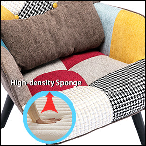 Scandinavian Patchwork Armchair with Ottoman - Solid Wood Legs & Lumbar Pillow - Multicolor Linen Fabric for Living Room/Balcony
