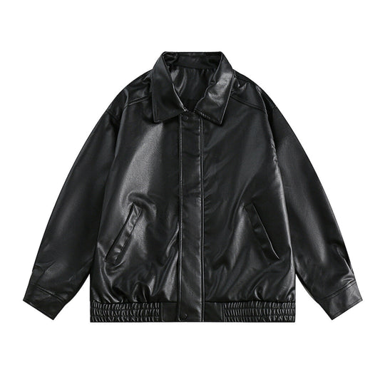 YFFUSHI Mens Simple Casual Leather Long Sleeve Lapel Solid Color Jacket