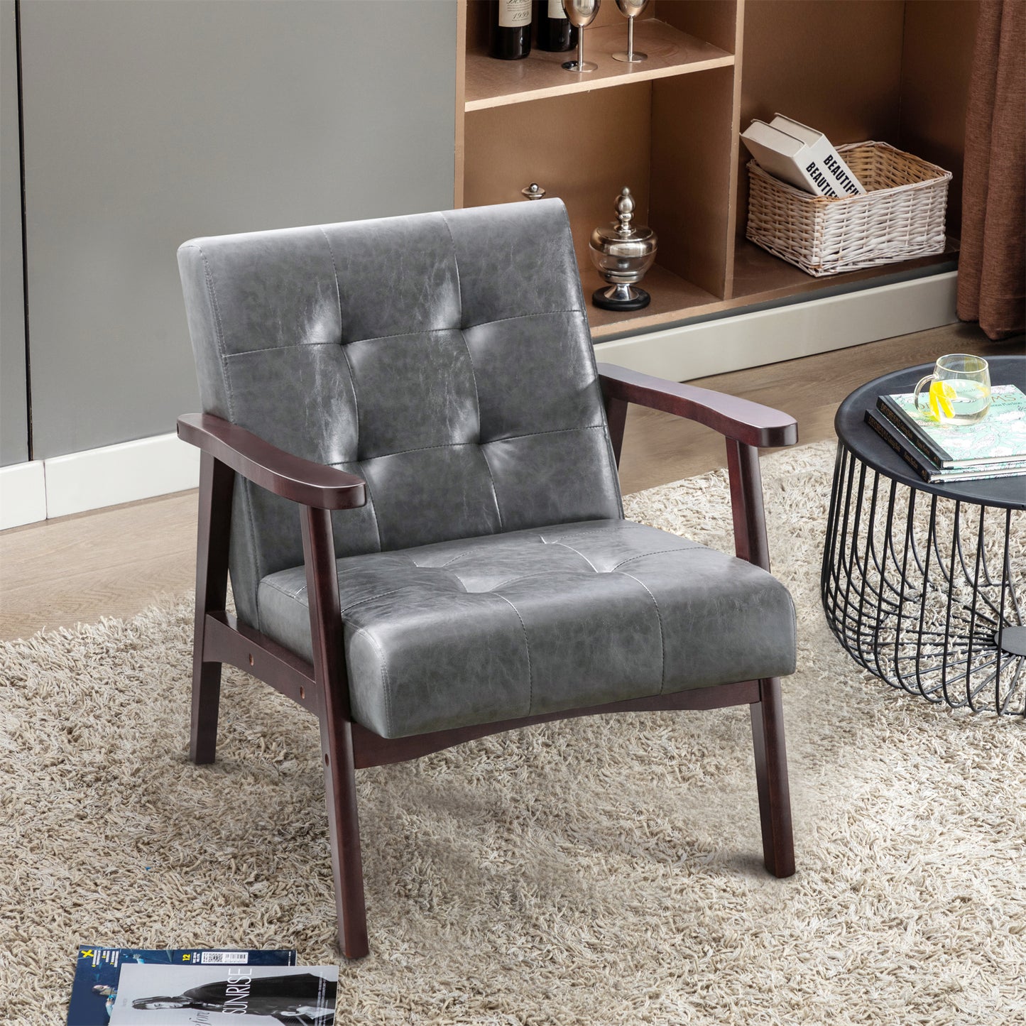 Fauteuil en cuir artificiel tapisé style vintag-Fauteuil en bois naturel de bureau de chambre à coucher, gris