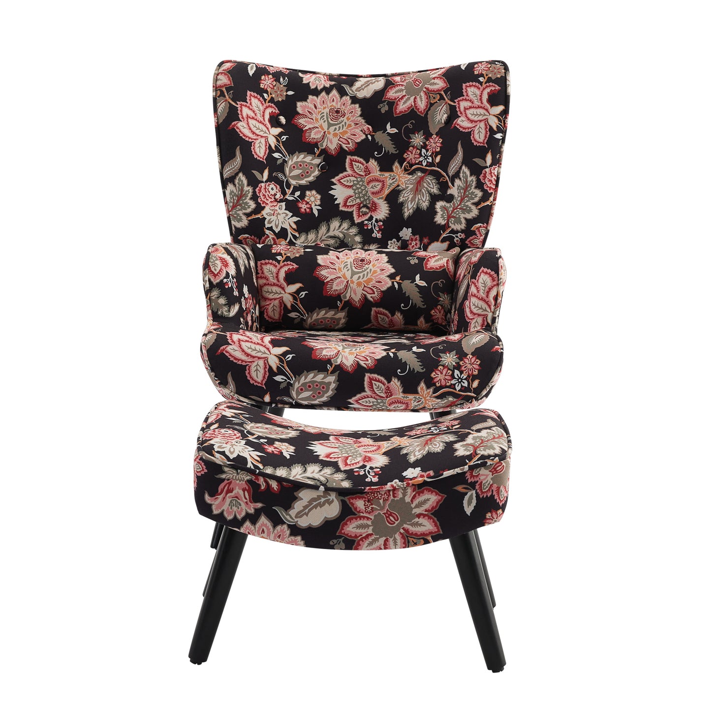 Poltrona HOMEMIYNcom Almofada e Banco ( 76x65x94 cm - Linho Falso Pretocom Flores Vermelho）