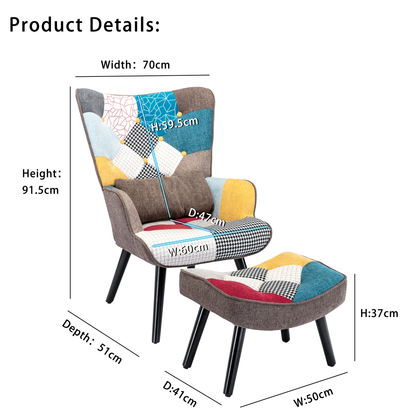 Poltrona de Relaxamento HomeMiYN Orelha com Banqueta (75x67x96cm - Tecido Patchwork Colorido)