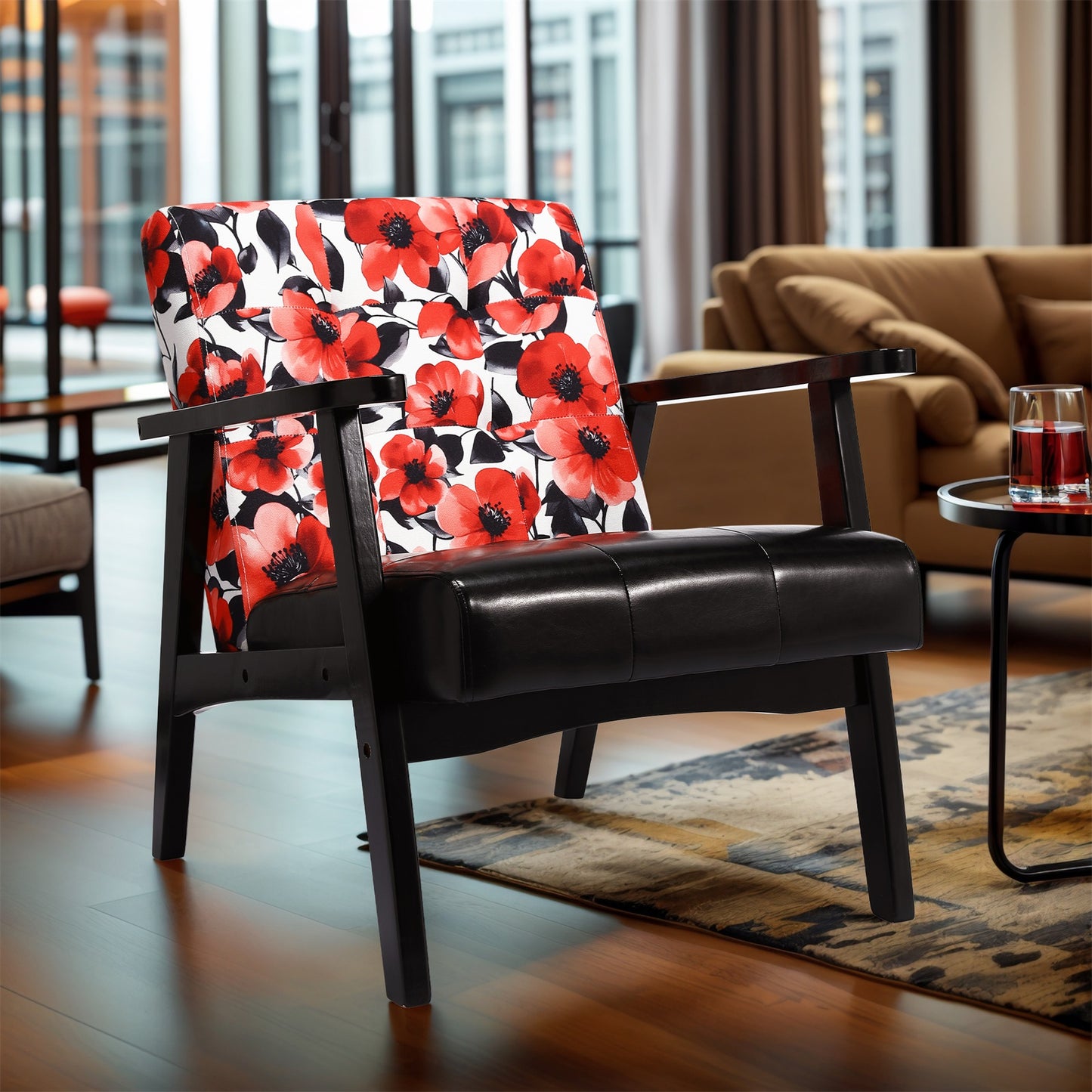 Zwarte Japanse bank met rode bloemen - Zwarte PU-armleuningen - Mid-Century Vintage-stijl