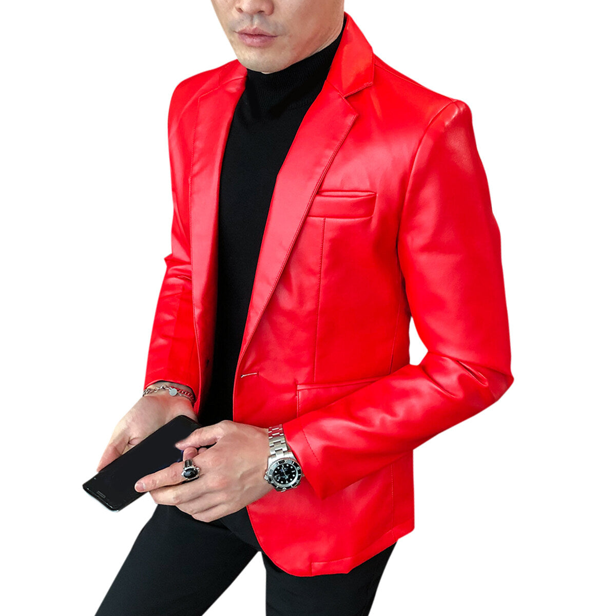 YOUTHUP Mens Slim Fit Shiny Glossy Waterproof Leather Blazer