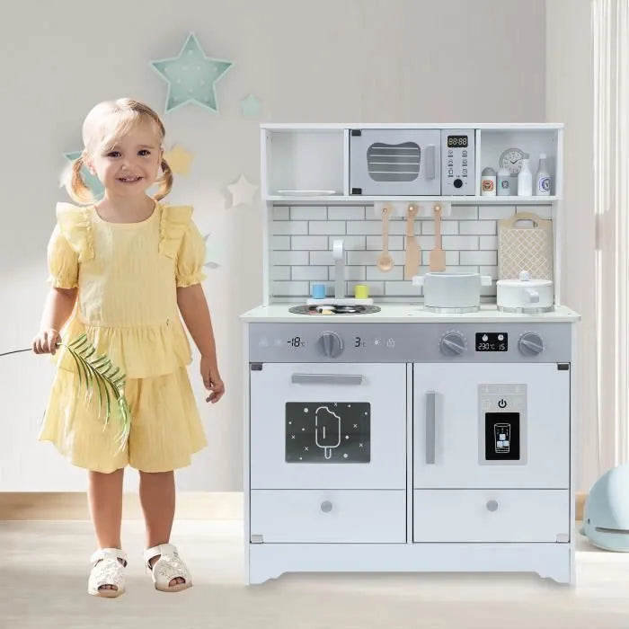 Cuisine Enfant Multifonctionnelle 5 en 1 - ORYXEARTH - 60x29x80.5cm - Bois - Blanc Cassé - Mixte
