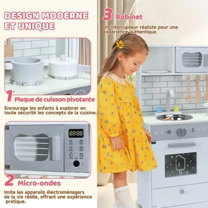 Cuisine Enfant Multifonctionnelle 5 en 1 - ORYXEARTH - 60x29x80.5cm - Bois - Blanc Cassé - Mixte