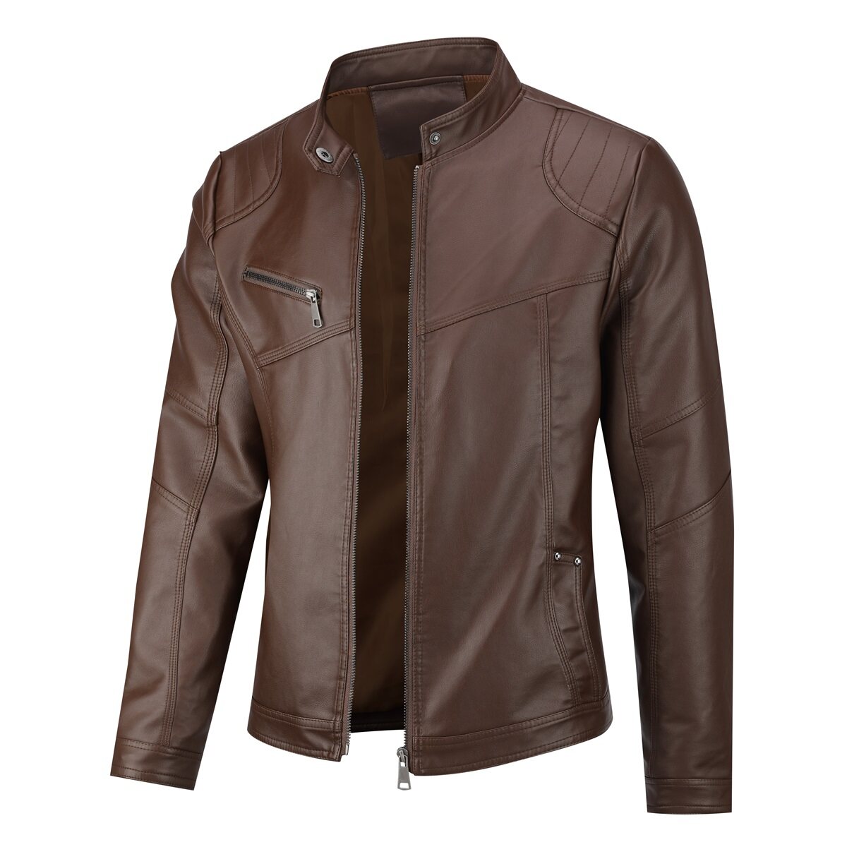 YFFUSHI Mens Stand Collar Leather Jacket Motorcycle Lightweight Faux Leather Outwear