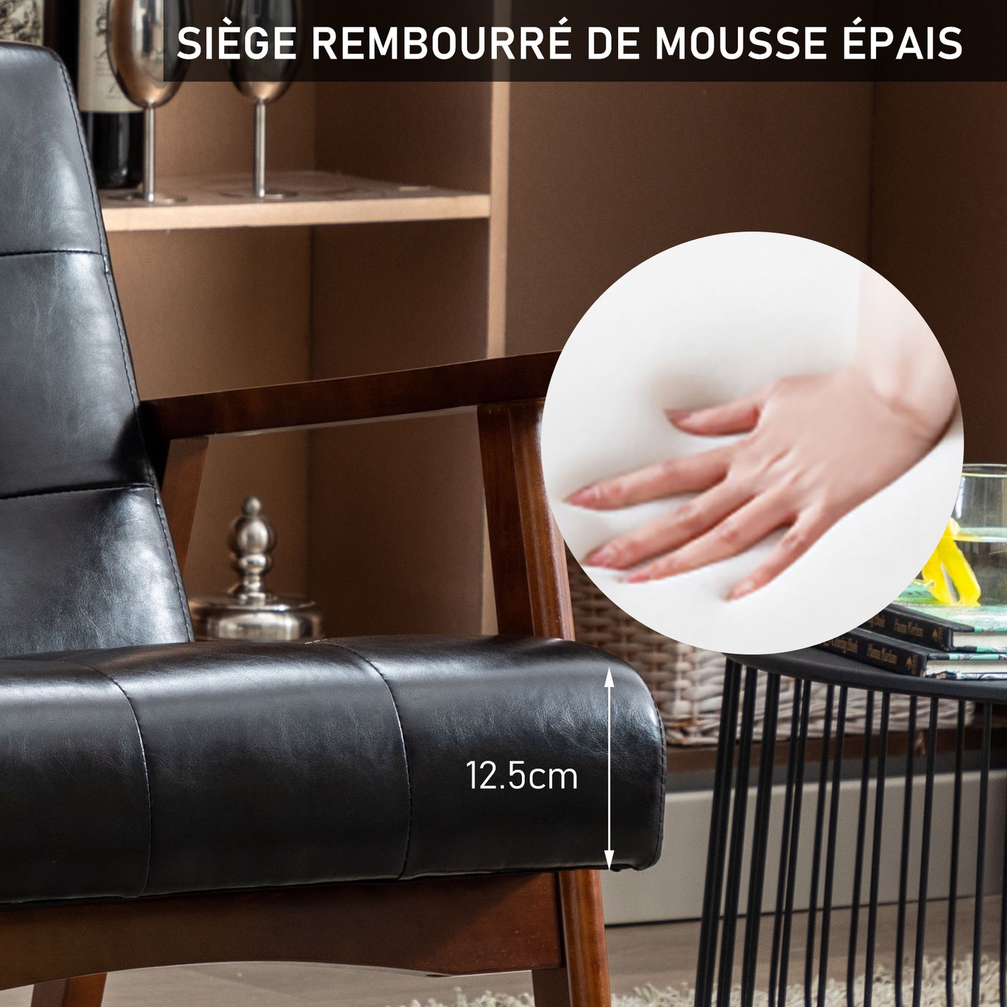Fauteuil Médiéval Chaise Vintage en Similicuir Tufté avec Accoudoirs en Bois, Style Vintage, Tapissé en Bois Dur, Noir